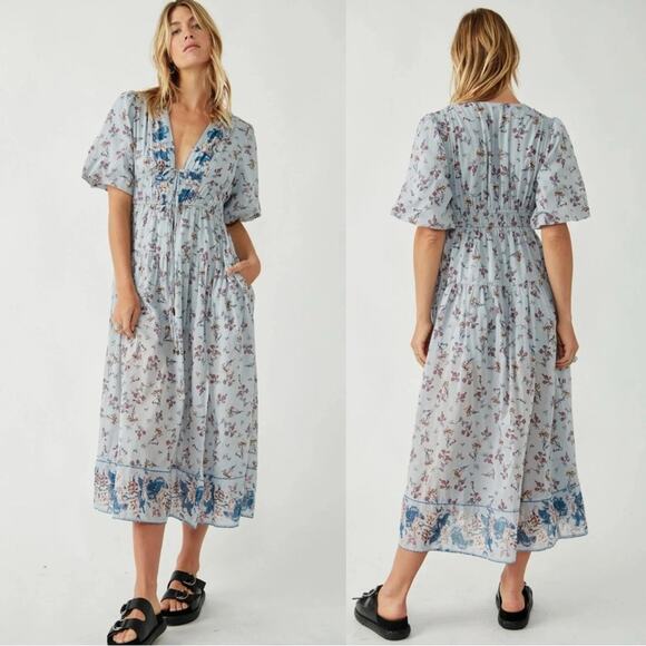 Free People Lysette Maxi Dress in Bluebell Bohemian Gypsy Indian Cotton XS - Picture 1 of 15
